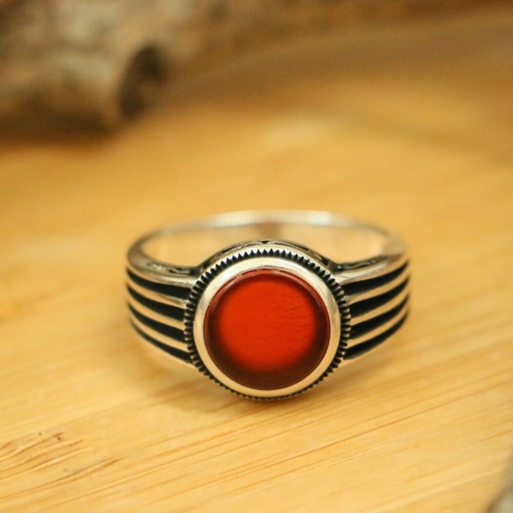 925 Sterling Silver Men's Rings Red Agate
